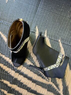 Nine West Black Peep-Toe Stiletto Booties with Mosaic Trim